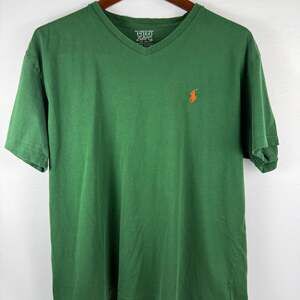Polo Ralph Lauren Green V-Neck T-Shirt with Orange Pony Logo Size Medium